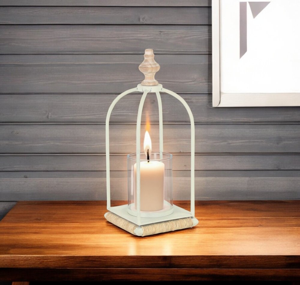 14" White Metal With Wood And Rope Tabletop Lantern Candle Holder
