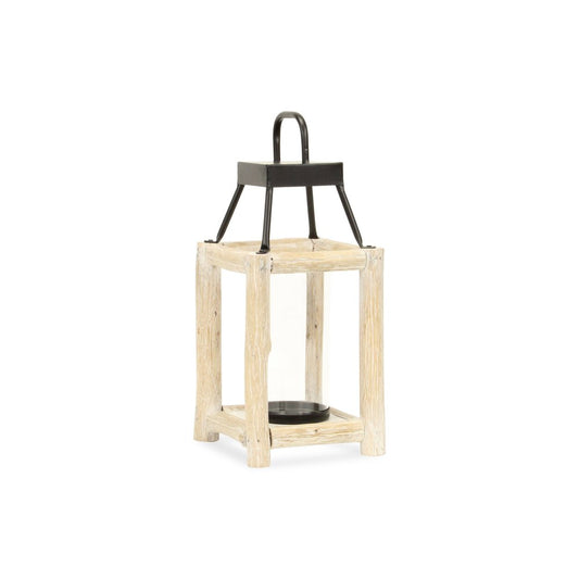 15" Natural And Black Glass Metal And Wood Tabletop Lantern Candle Holder