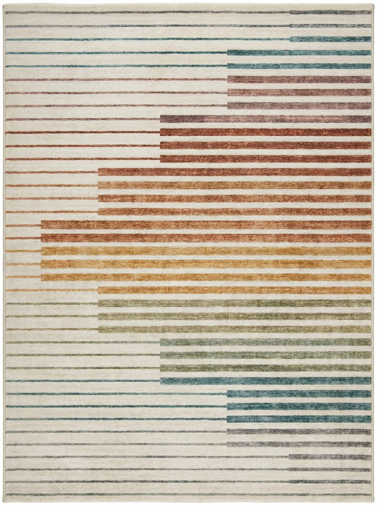 8' X 11' Beige Blue and Brown Striped Area Rug