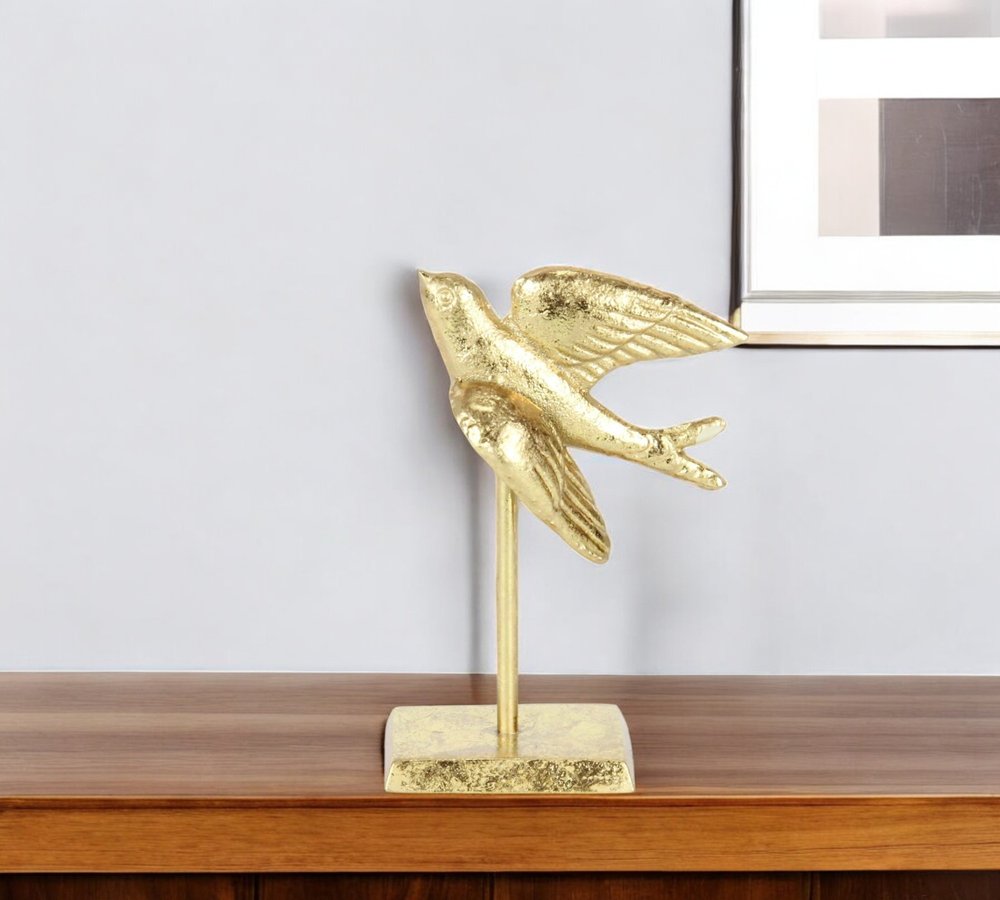 7" Gold Cast Iron Bird Hand Painted Tabletop Sculpture