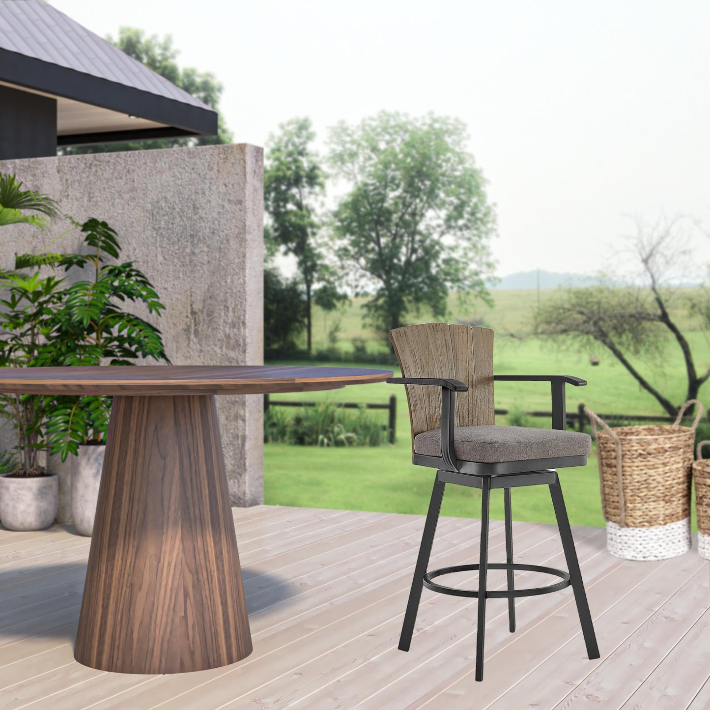 44" Charcoal Metal Swivel Outdoor Bar Height chair with Footrest