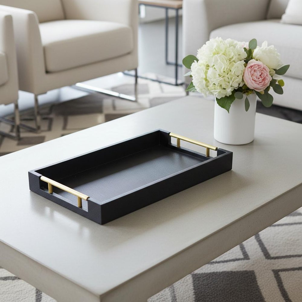 16" Black Wood Faux Shagreen Serving Tray With Handles