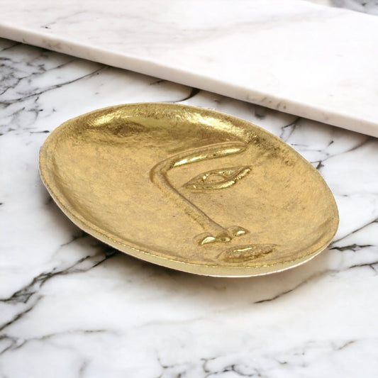 8" Gold Cast Iron Mod Abstract Face Oval Trinket Tray