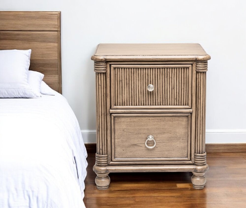 28" Natural Solid Wood and Wicker Ribbed Texture Two Drawer Nightstand With USB Port