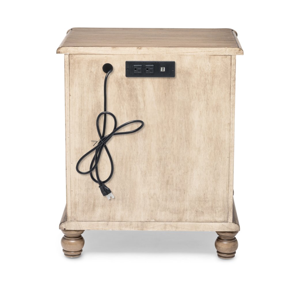28" Natural Solid Wood and Wicker Ribbed Texture Two Drawer Nightstand With USB Port