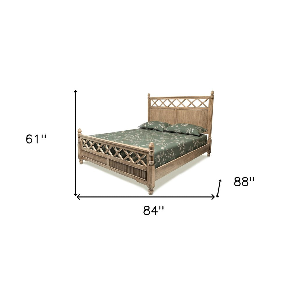 Natural Carved Geometric Solid Wood King Bed Frame