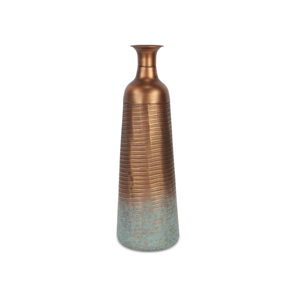 24" Copper And Teal Abstract Tapered Metal Table Vase