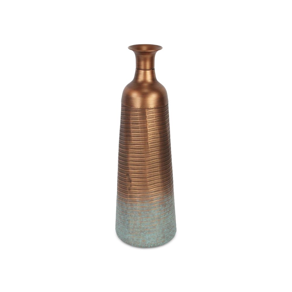24" Copper And Teal Abstract Tapered Metal Table Vase