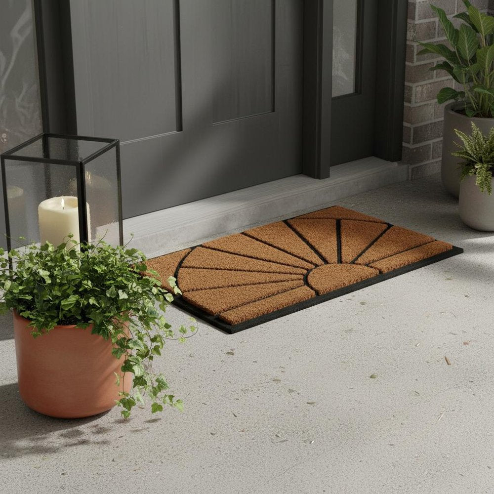 18" X 30" Beige and Black Rubber and Coir Outdoor Semi Circle Door Mat