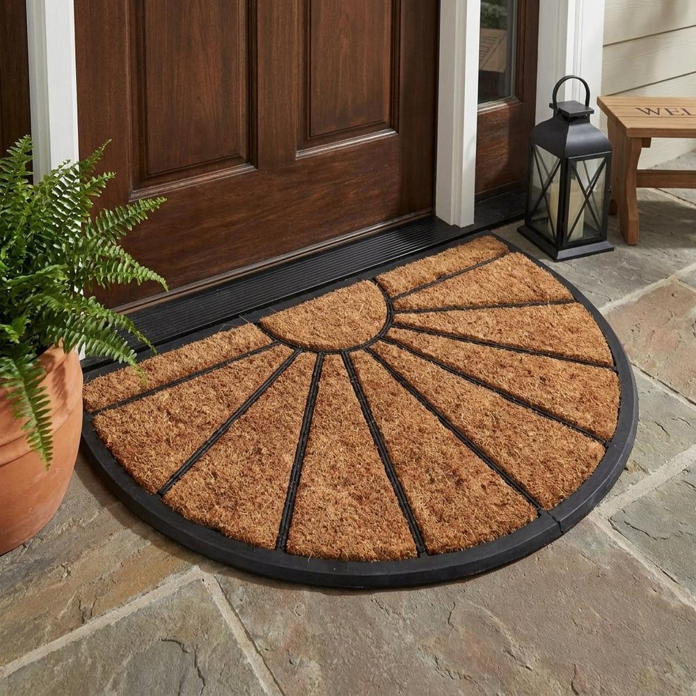 18" X 30" Beige and Black Rubber and Coir Outdoor Semi Circle Door Mat