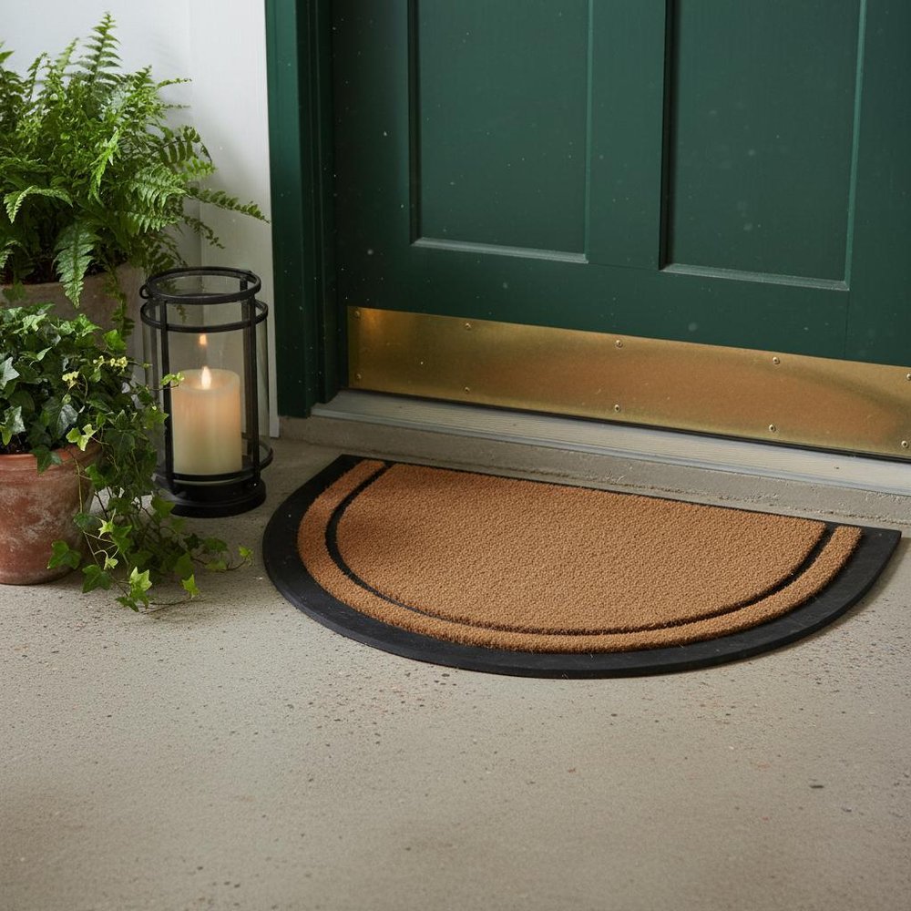 20" X 32" Beige and Black Rubber and Coir Outdoor Semi Circle Door Mat