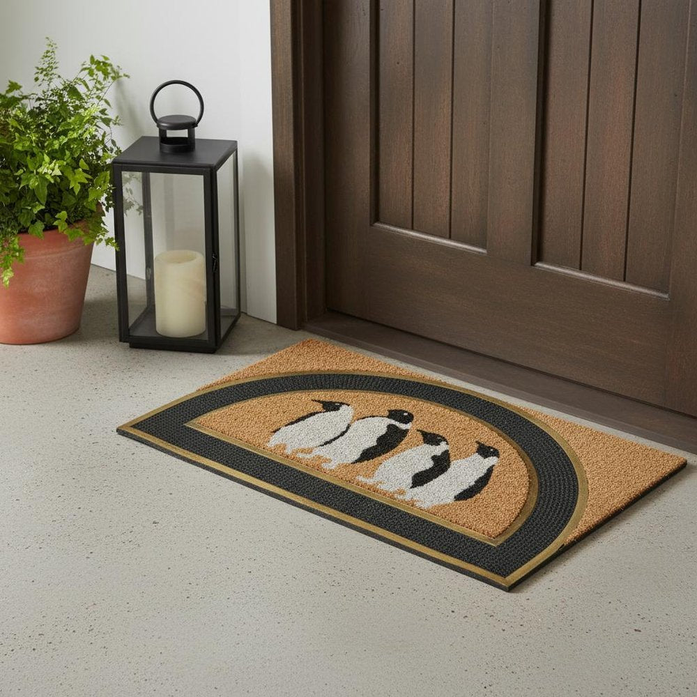 18" X 30" Beige and Black Rubber and Coir Outdoor Semi Circle Door Mat
