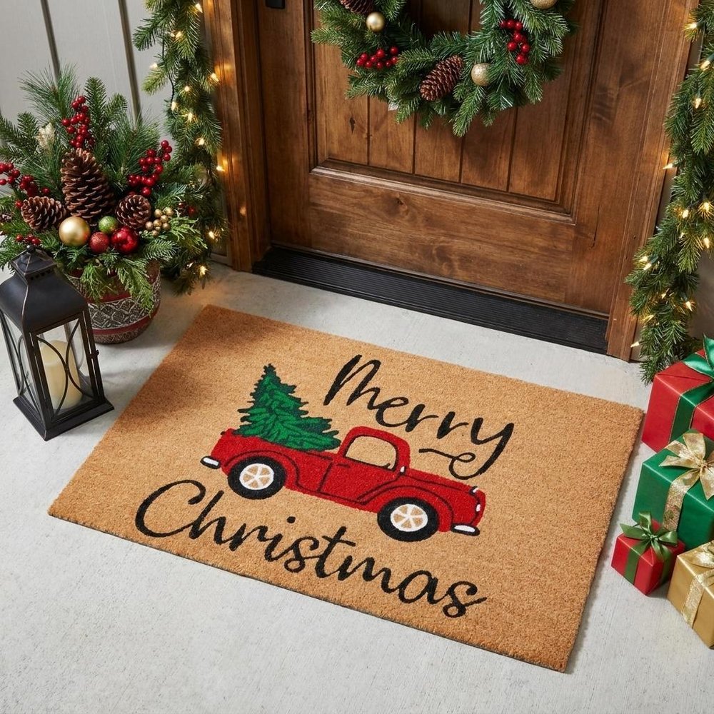 24" X 36" Brown Red And Green Christmas Merry Christmas Outdoor Coir Door Mat