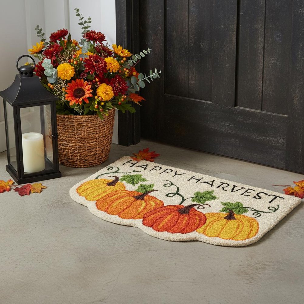 18" X 30" Beige and Orange Coir Pumpkins and Leaves Outdoor Thanksgiving Door Mat