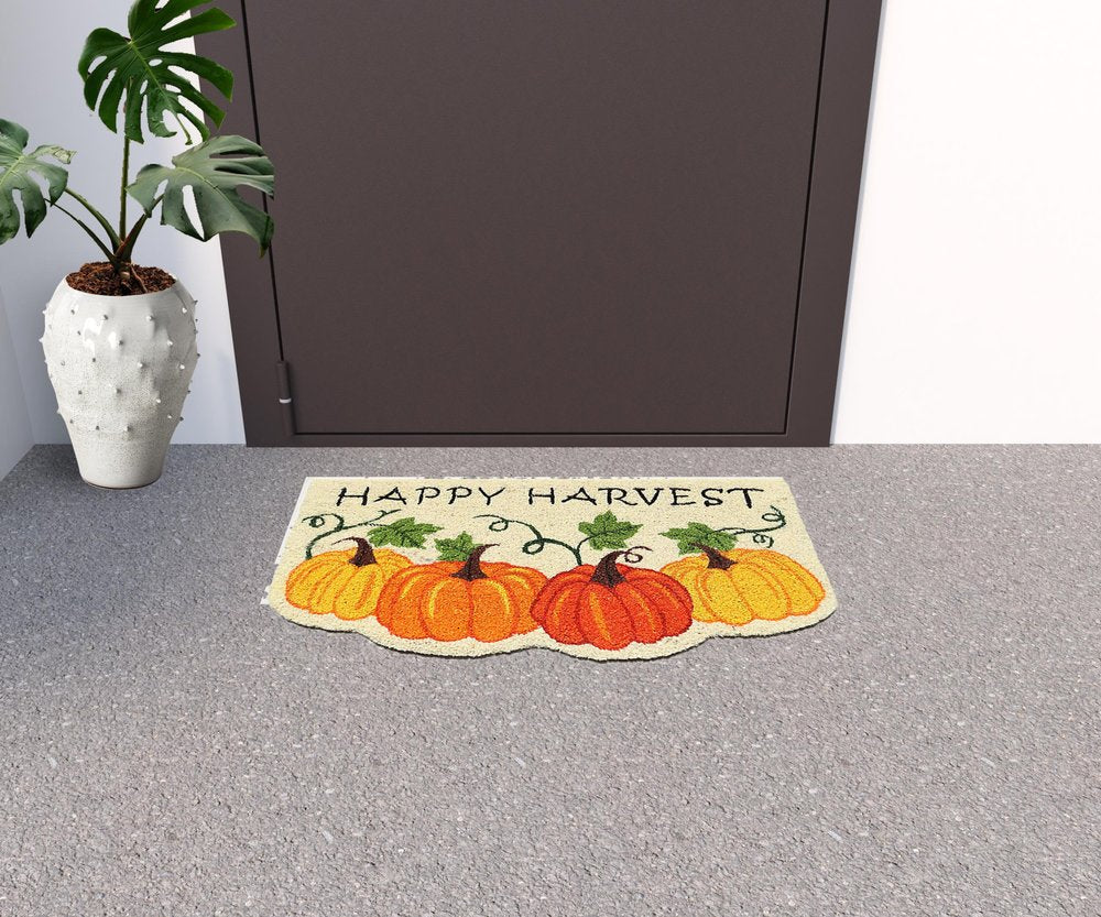 18" X 30" Beige and Orange Coir Pumpkins and Leaves Outdoor Thanksgiving Door Mat