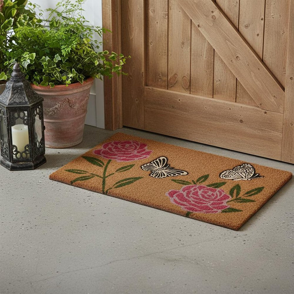 18" X 30" Beige and Pink Coir Floral Outdoor Door Mat