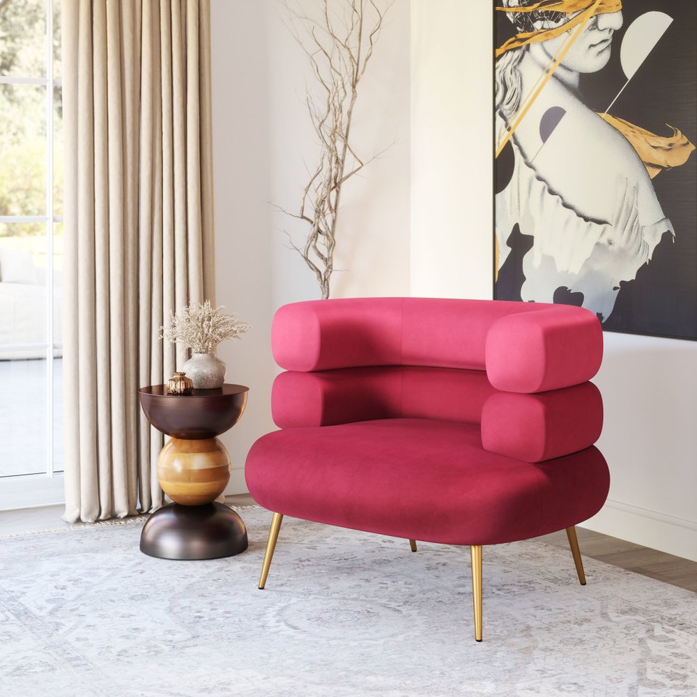41" Red And Gold Velvet And Upholstered Arm Chair