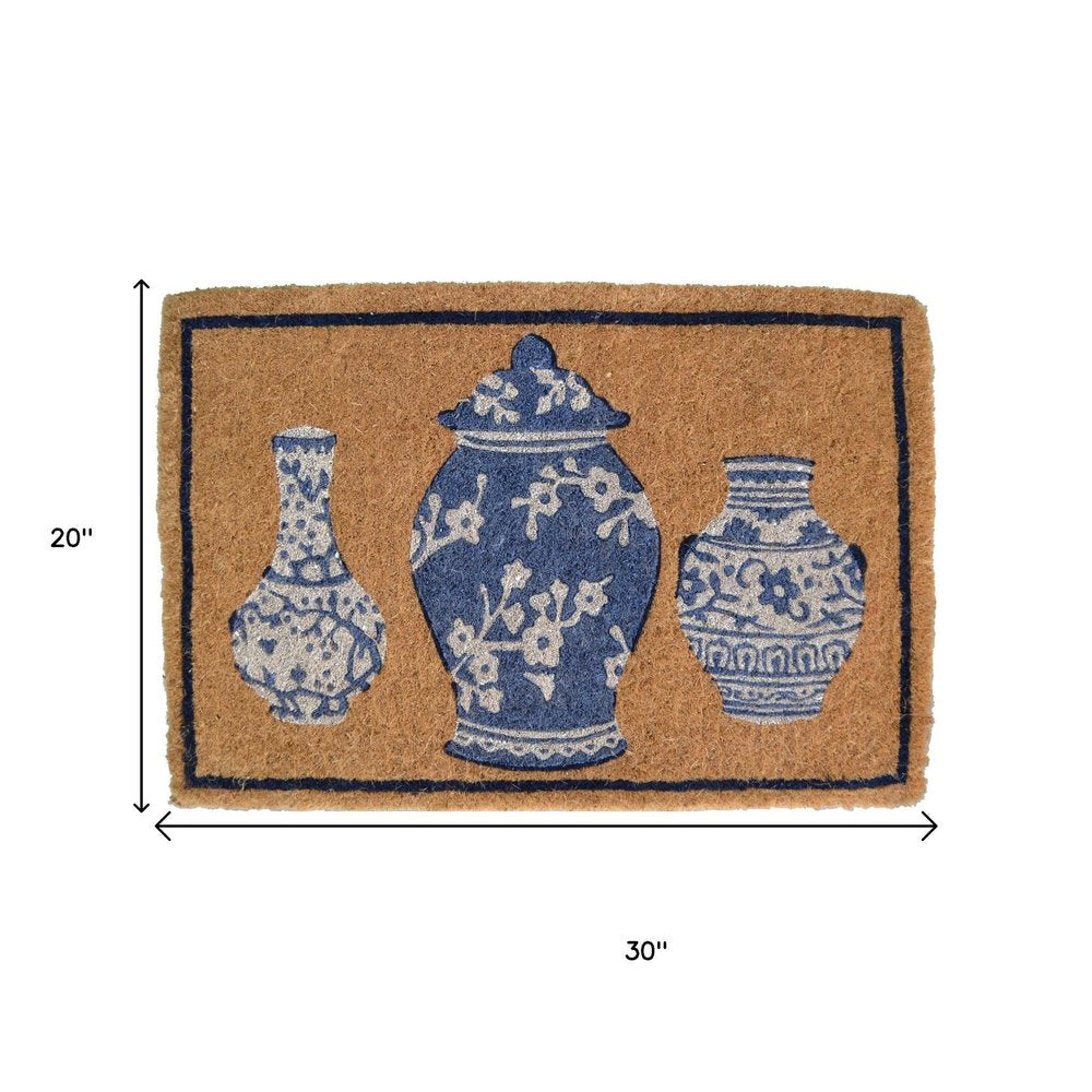 20" X 30" Brown Blue And White Chinoiserie Coir Abstract Outdoor Door Mat