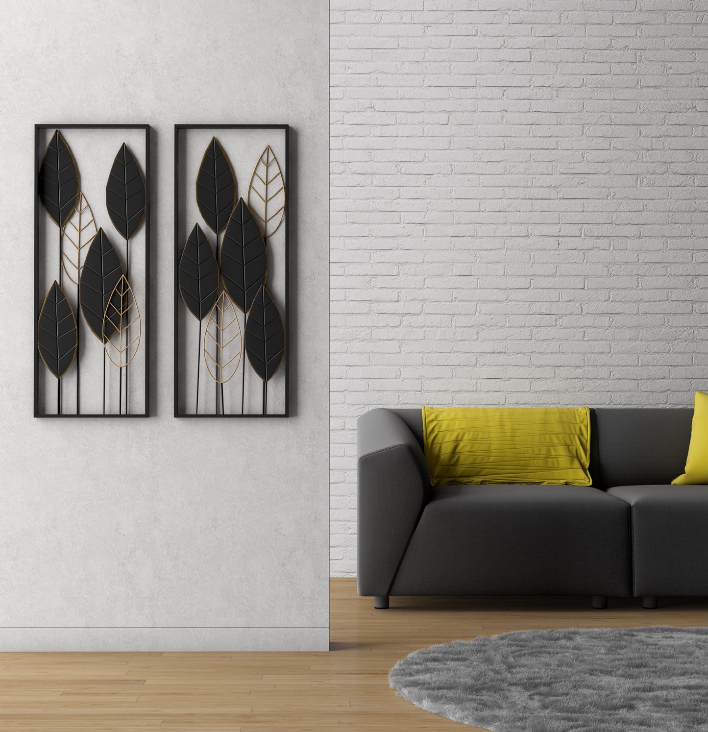 Set of Two Black and Gold Metal Hanging Dimensional Sculpture