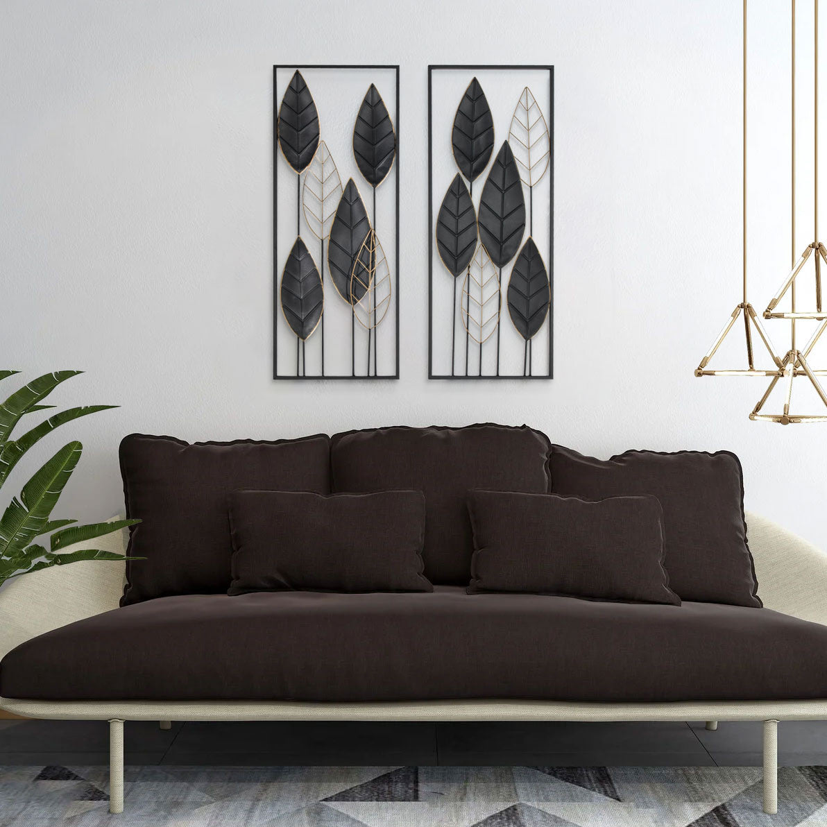 Set of Two Black and Gold Metal Hanging Dimensional Sculpture