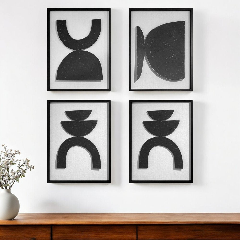 Set of Four Black And White Metal Modern Abstract Geometric Shapes Framed Art