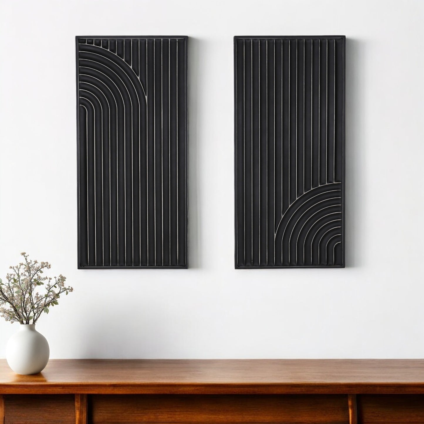 Set of Two Black Metal Abstract Hanging Dimensional Sculptures