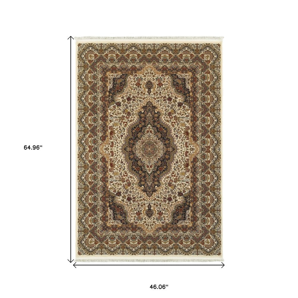 4' X 5' Ivory Black And Brown Medallion Area Rug With Fringe
