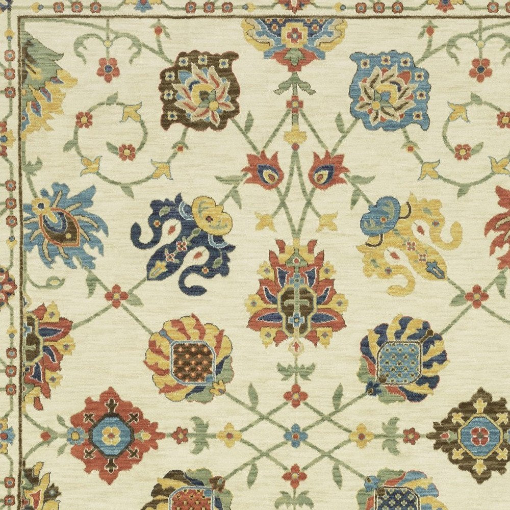 8' X 11' Ivory Yellow And Orange Oriental Area Rug With Fringe