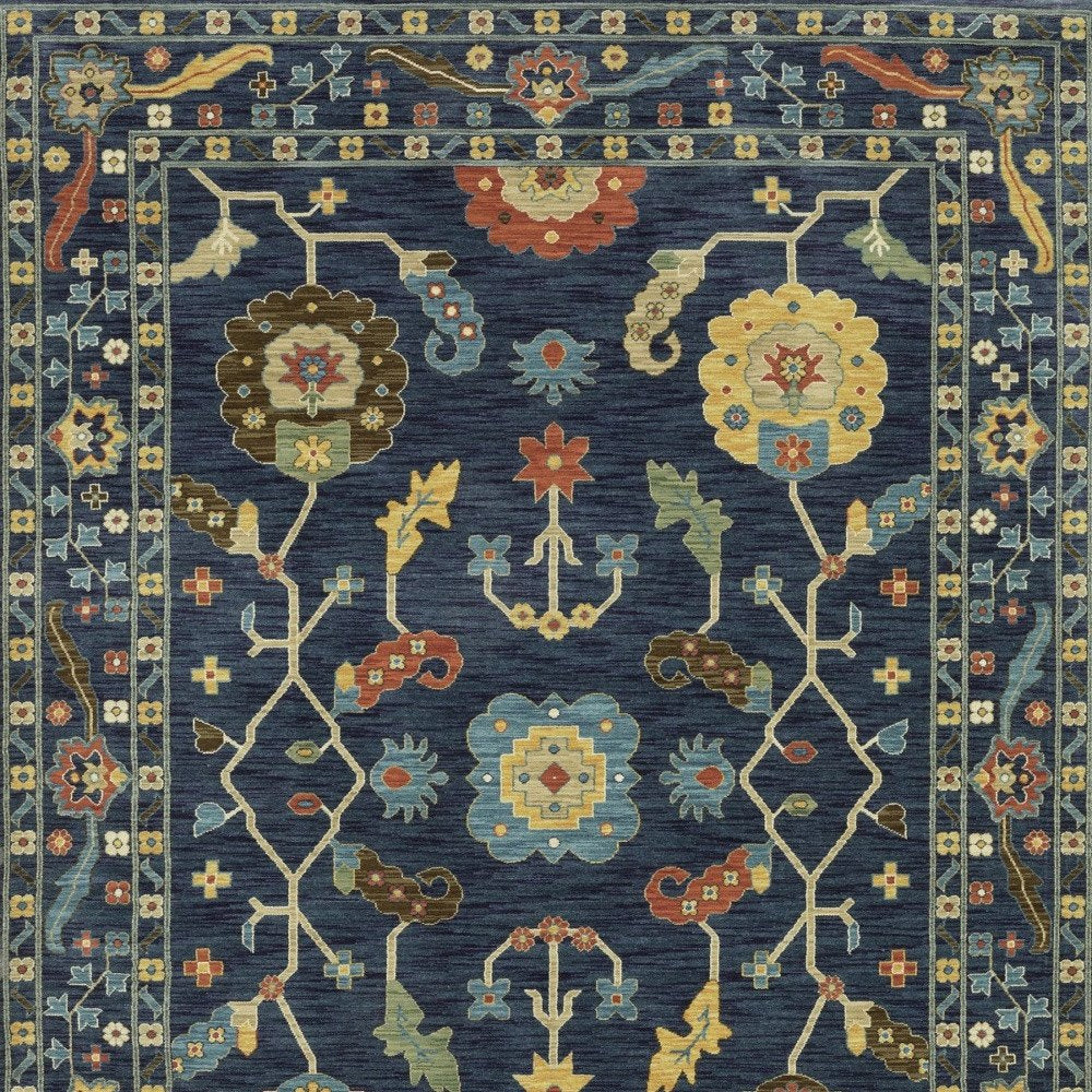 8' X 11' Blue And Gold Oriental Area Rug With Fringe