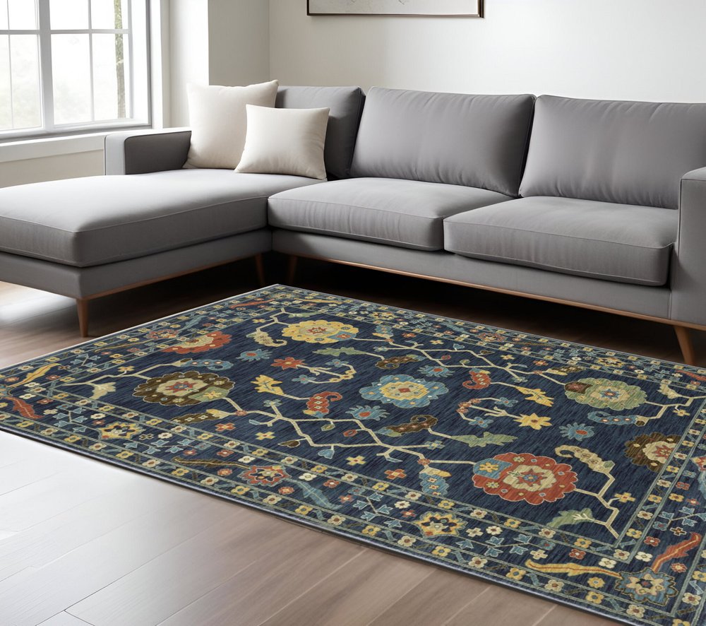 8' X 11' Blue And Gold Oriental Area Rug With Fringe