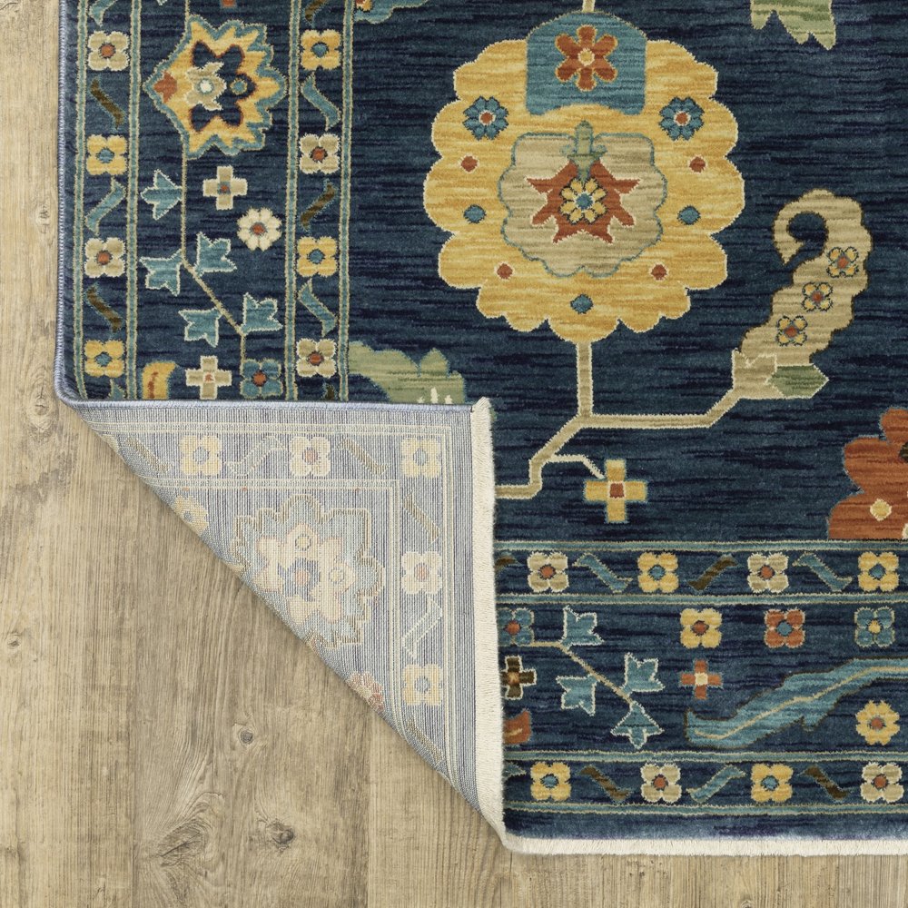 8' X 11' Blue And Gold Oriental Area Rug With Fringe