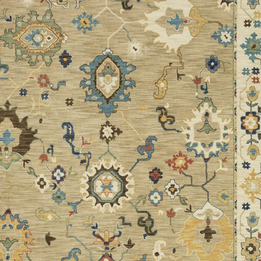 8' X 11' Beige Light Blue And Tan Oriental Area Rug With Fringe