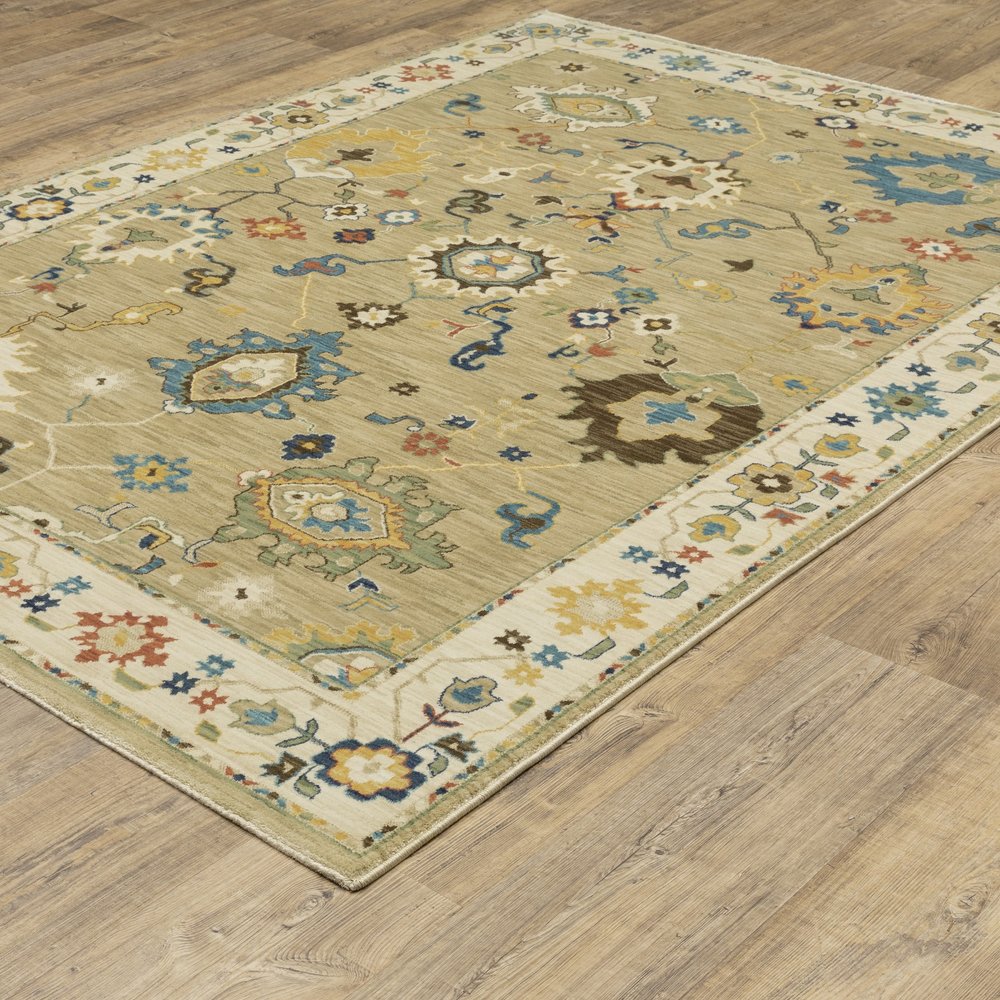 8' X 11' Beige Light Blue And Tan Oriental Area Rug With Fringe