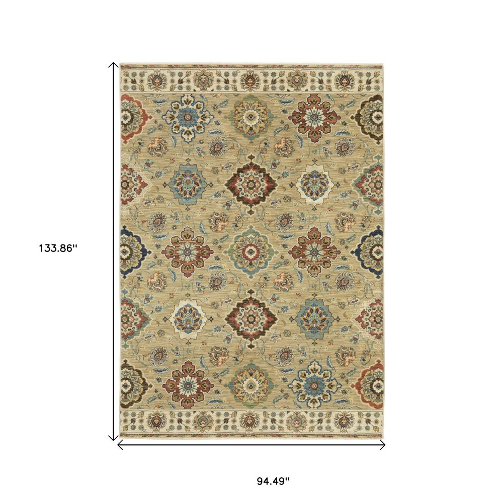 8' X 11' Tan Ivory And Brown Floral Area Rug With Fringe