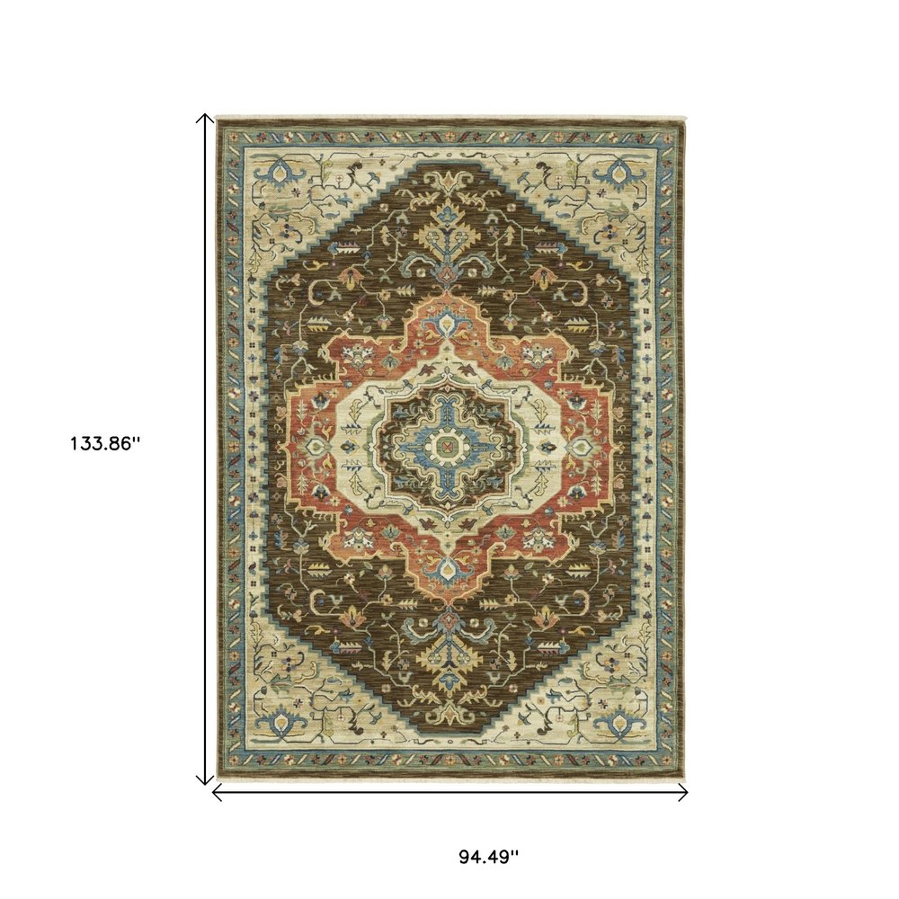 8' X 11' Brown And Orange Oriental Area Rug With Fringe