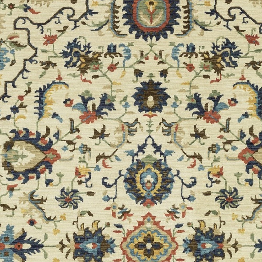 8' X 11' Ivory Blue And Orange Oriental Area Rug With Fringe