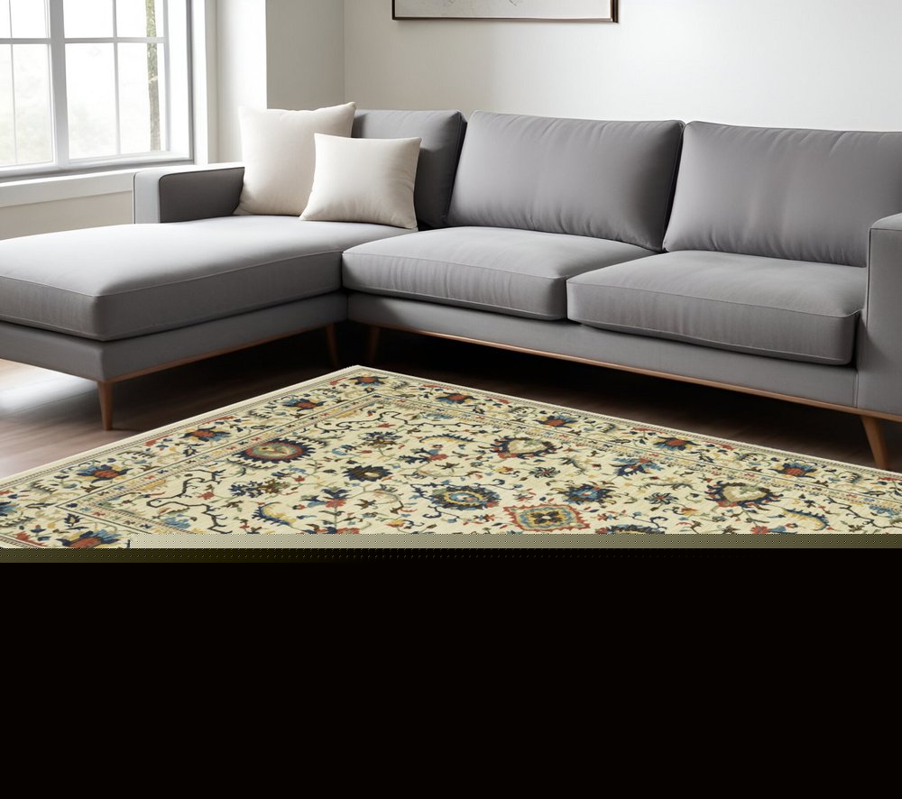 8' X 11' Ivory Blue And Orange Oriental Area Rug With Fringe