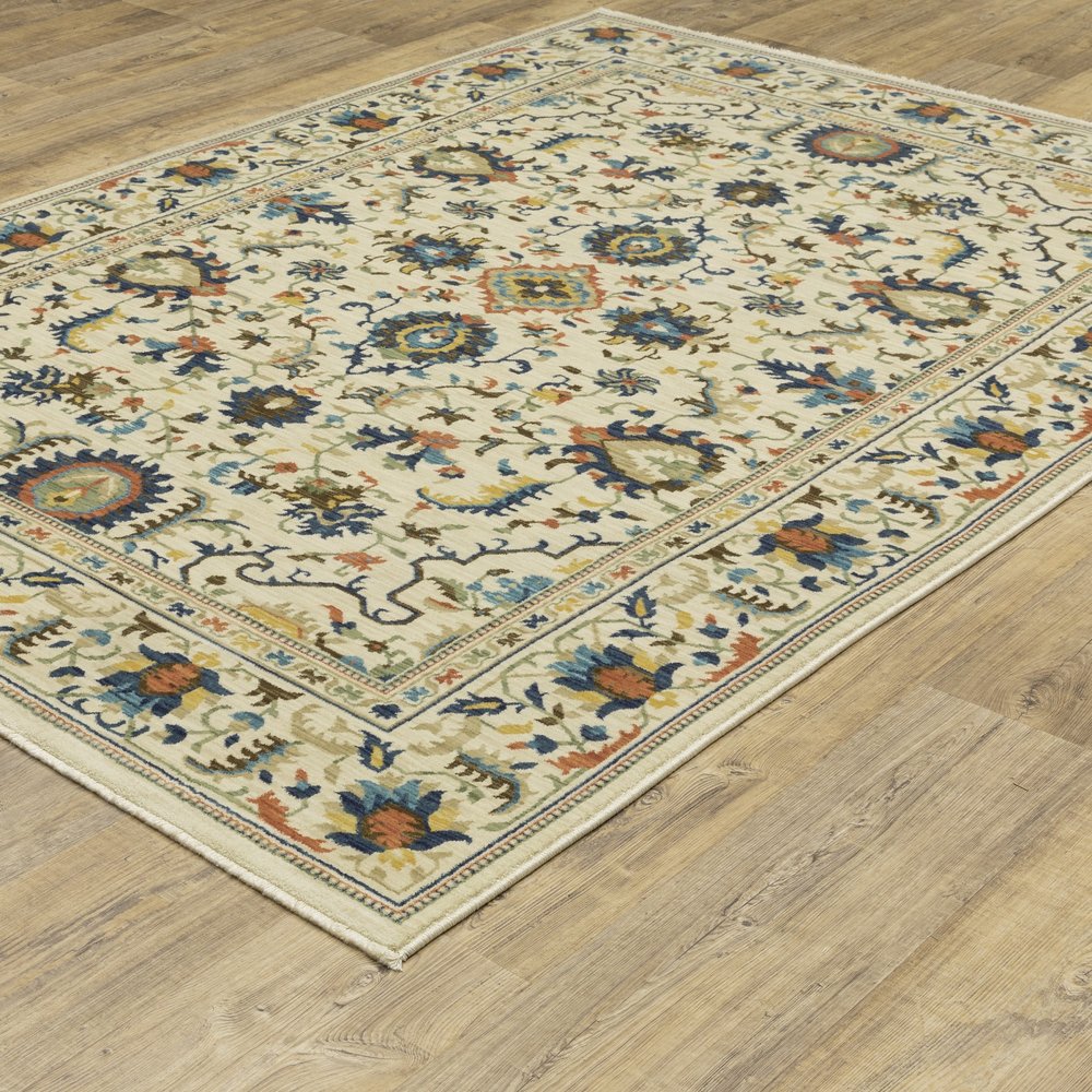 8' X 11' Ivory Blue And Orange Oriental Area Rug With Fringe