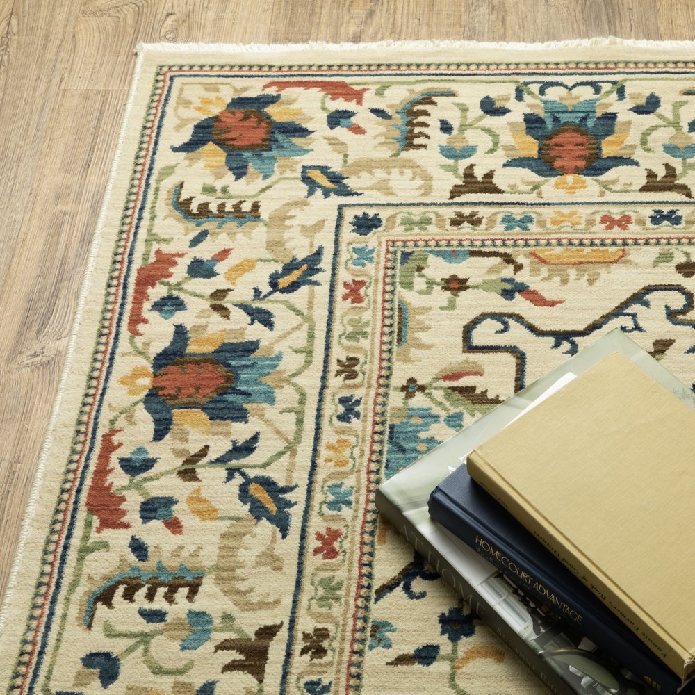 8' X 11' Ivory Blue And Orange Oriental Area Rug With Fringe