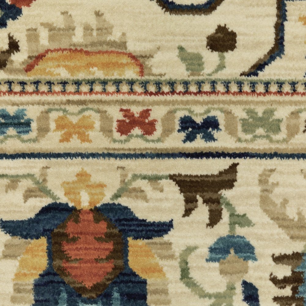 8' X 11' Ivory Blue And Orange Oriental Area Rug With Fringe
