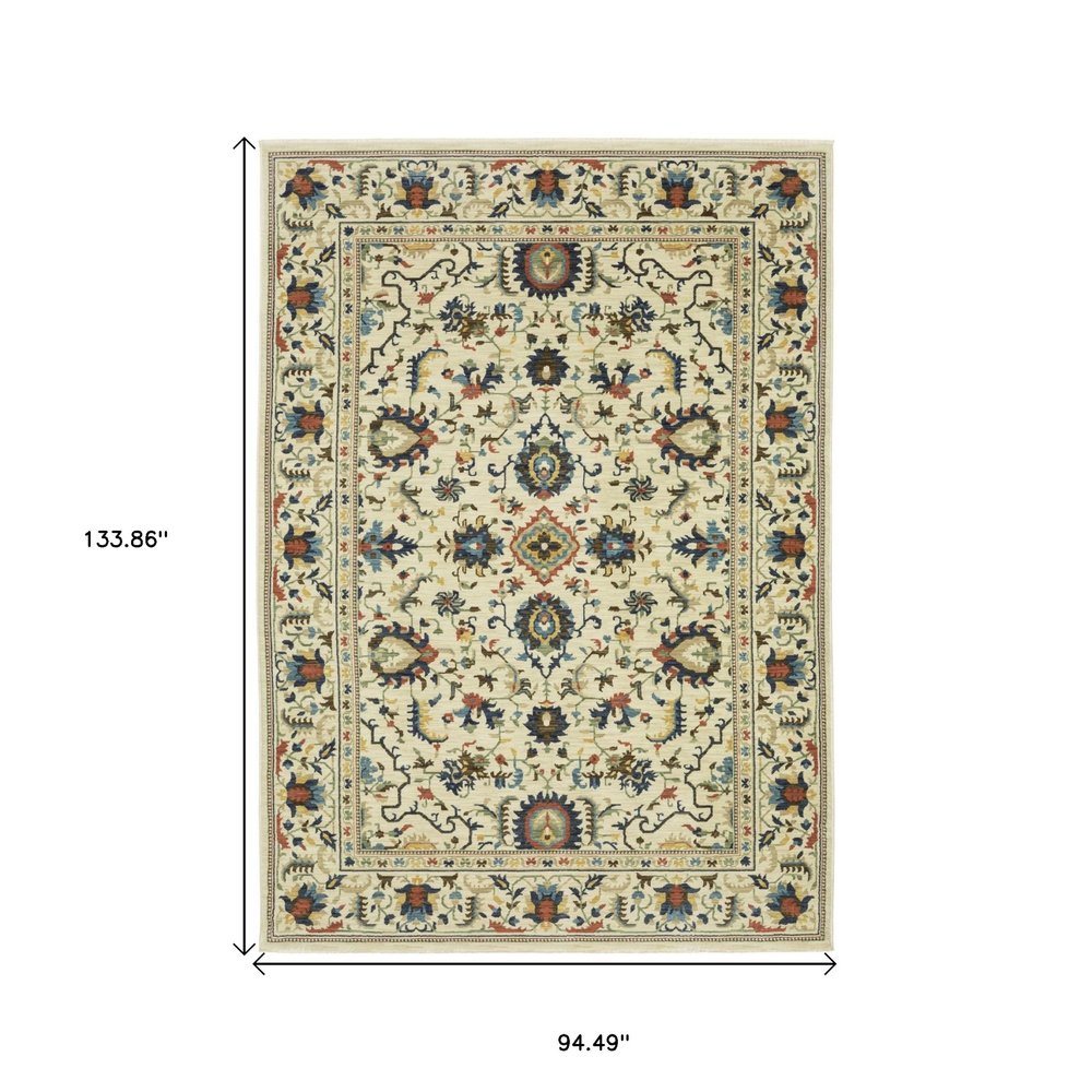 8' X 11' Ivory Blue And Orange Oriental Area Rug With Fringe