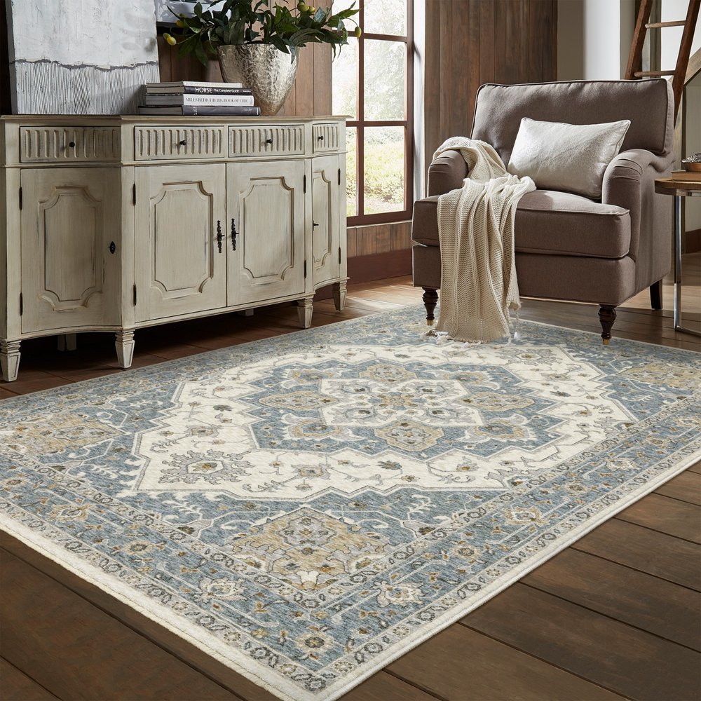 8' X 11' Blue And Ivory Medallion Distressed Area Rug With Fringe