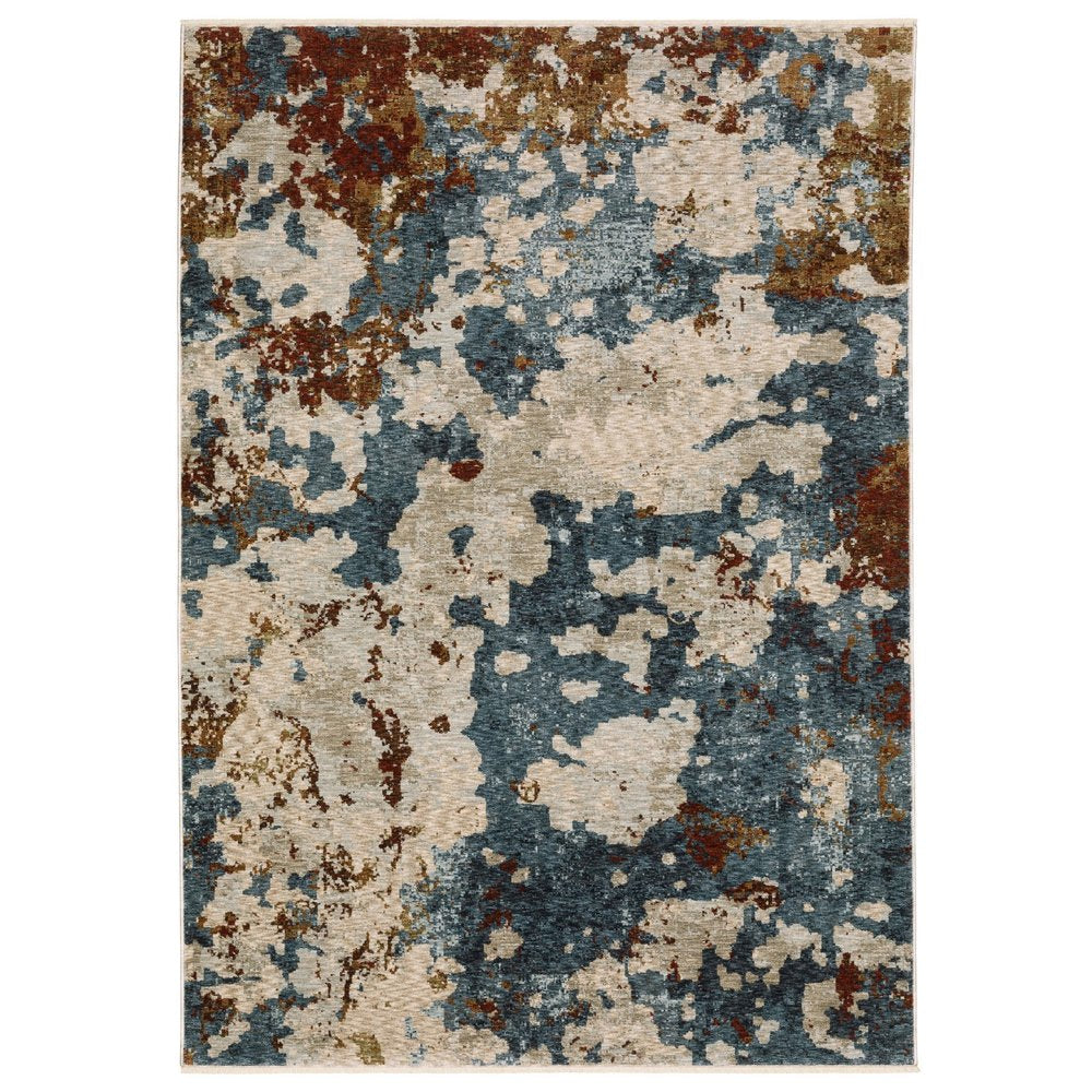 8' X 11' Beige Rust And Teal Abstract Distressed Area Rug With Fringe