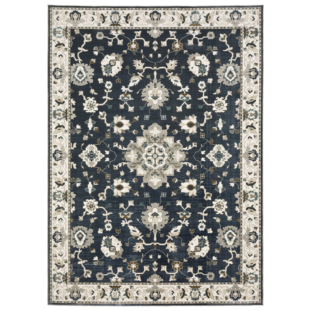 8' X 11' Blue Ivory And Gray Oriental Area Rug