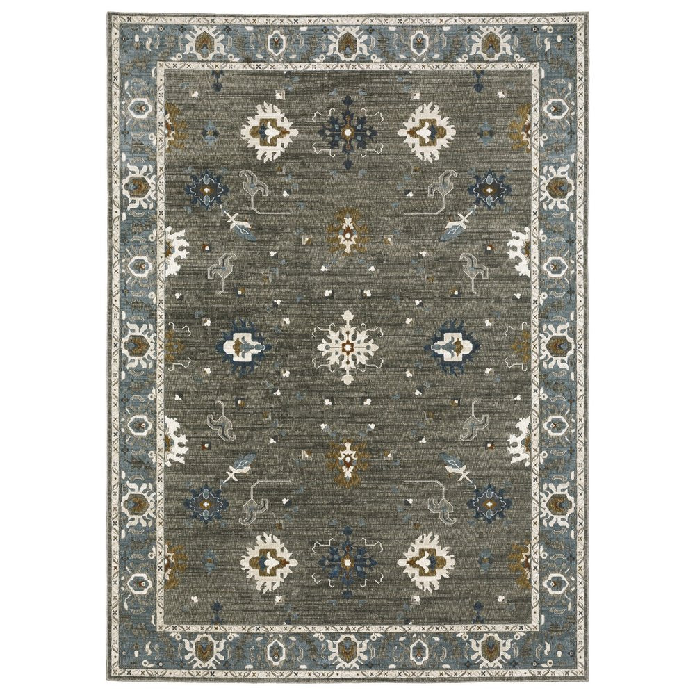 8' X 11' Blue Ivory And Gray Oriental Area Rug