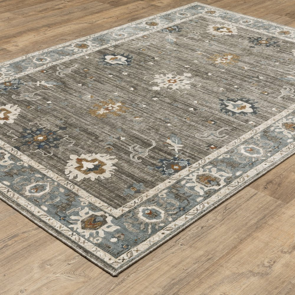 8' X 11' Blue Ivory And Gray Oriental Area Rug