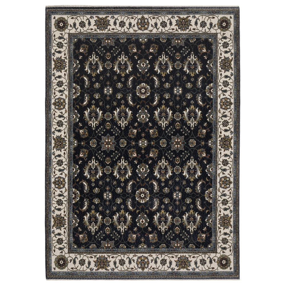 8' X 11' Blue And Ivory Oriental Area Rug With Fringe