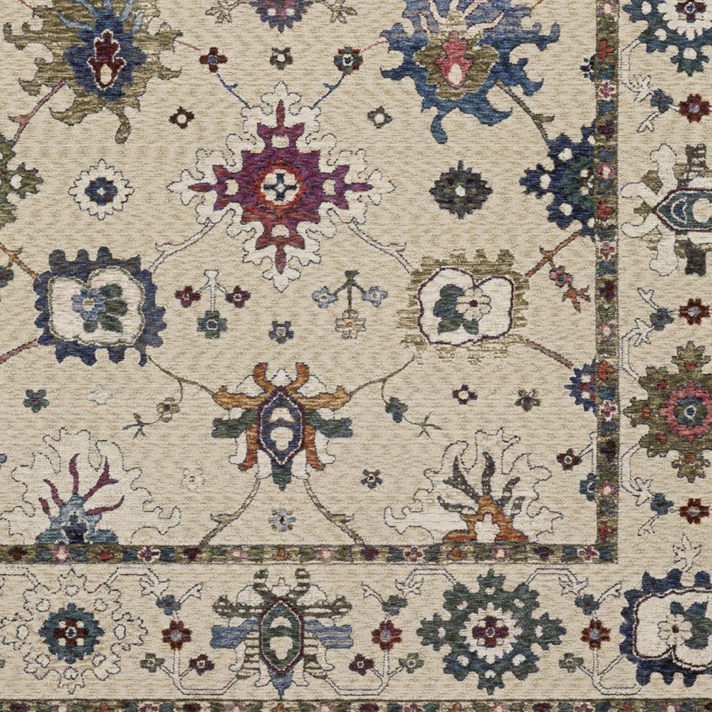 8' X 11' Ivory Blue And Light Brown Floral Area Rug With Fringe