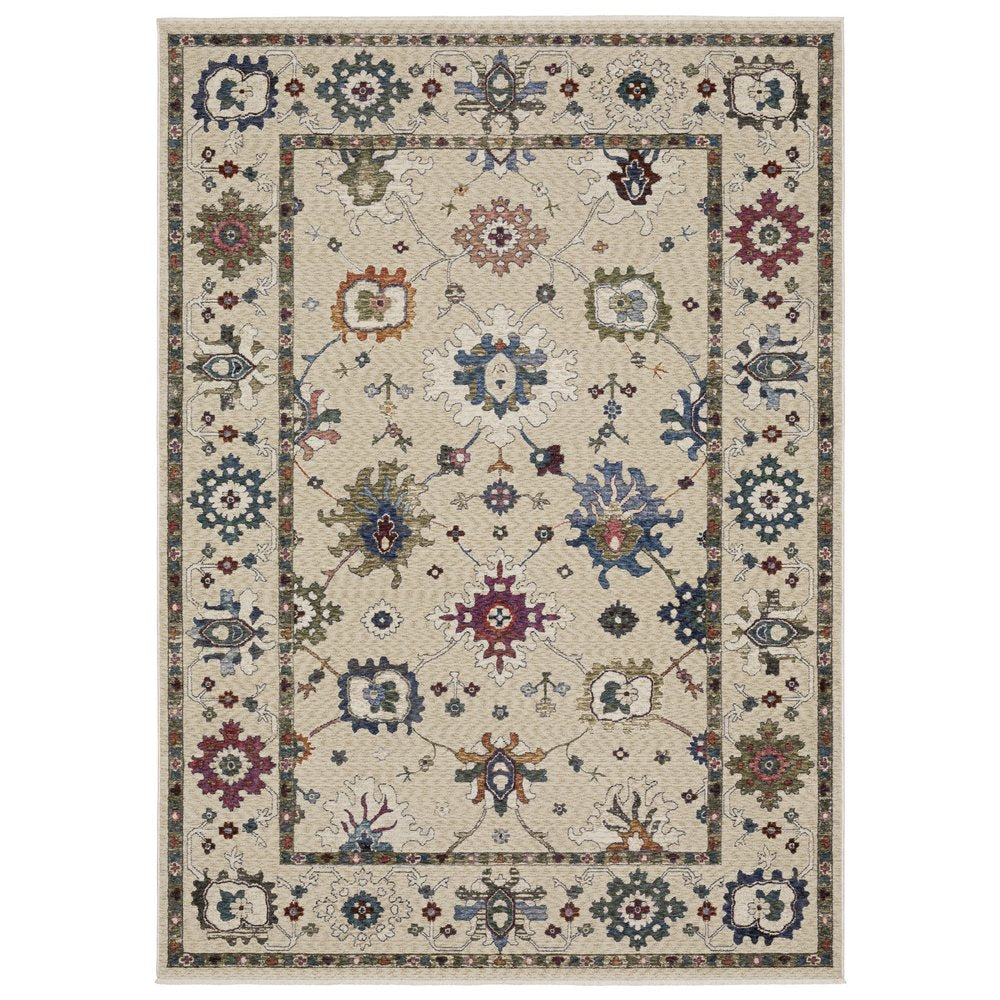 8' X 11' Ivory Blue And Light Brown Floral Area Rug With Fringe