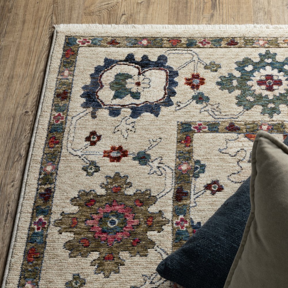8' X 11' Ivory Blue And Light Brown Floral Area Rug With Fringe